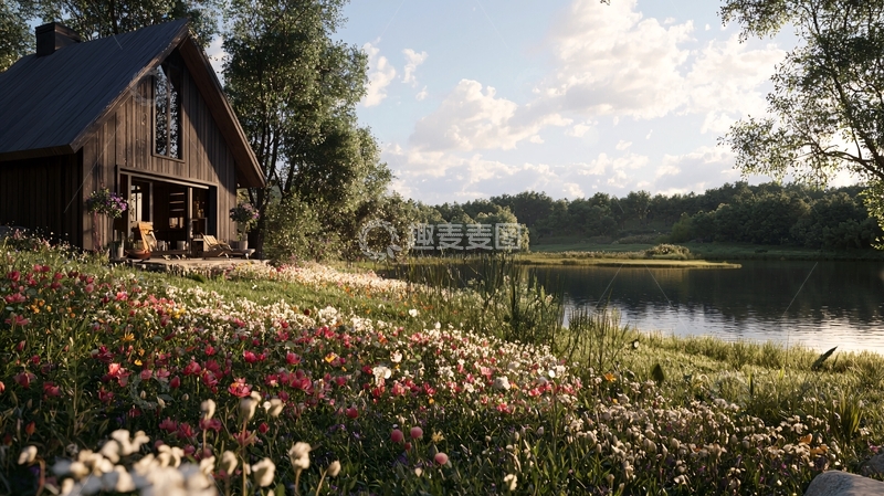 高清大图下载【趣麦麦图】湖边小屋田园风光