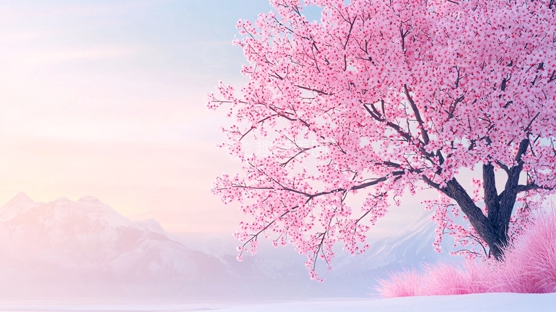 高清大图下载【趣麦麦图】粉色花朵绽放的树