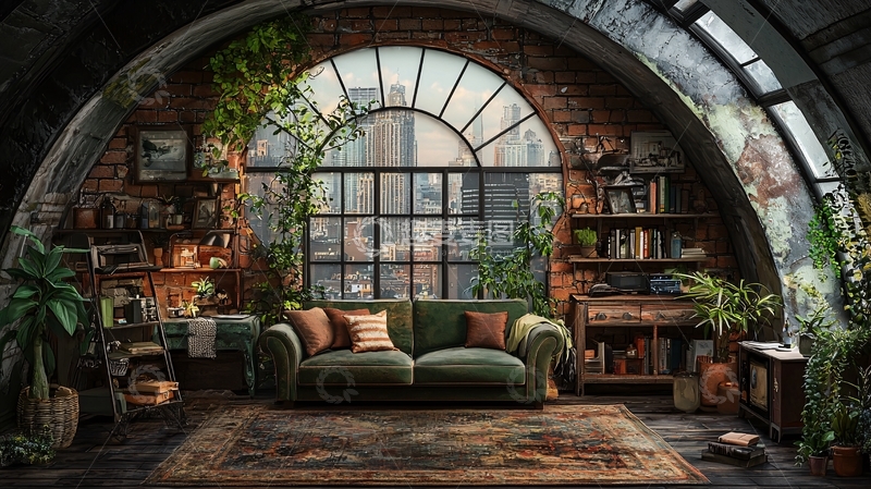 高清大图下载【趣麦麦图】拱形窗户下的舒适客厅