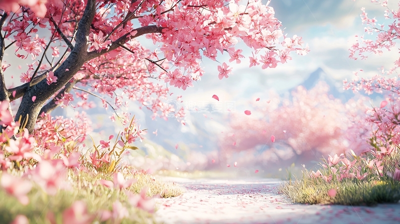 高清大图下载【趣麦麦图】粉色樱花树与河流的唯美风景