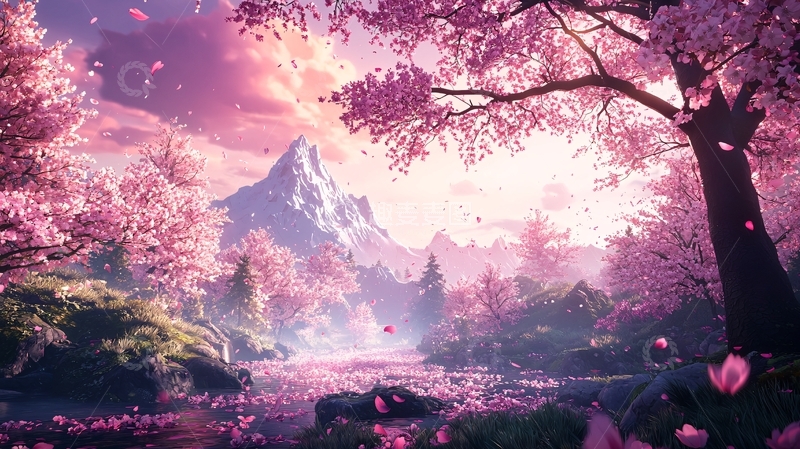 高清大图下载【趣麦麦图】粉色樱花山水唯美梦幻场景