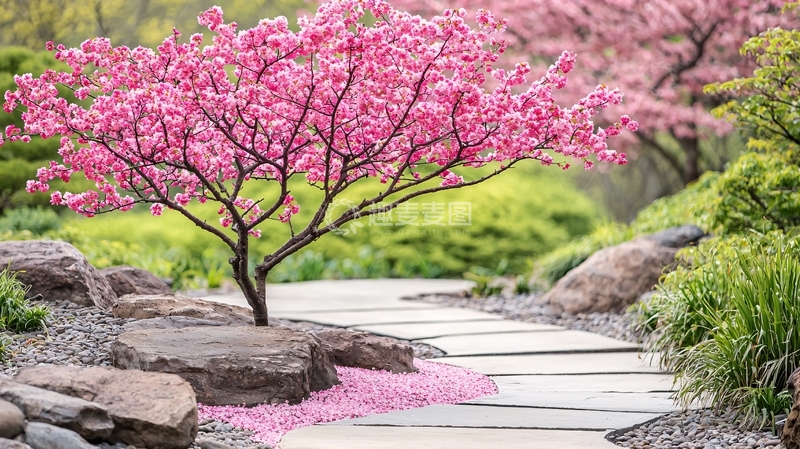 高清大图下载【趣麦麦图】粉色花朵盛开的庭院小路