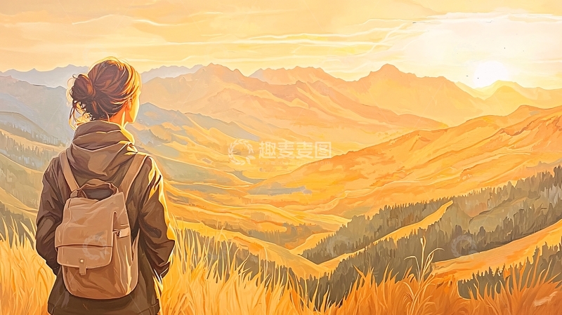 高清大图下载【趣麦麦图】女性远眺日落山景