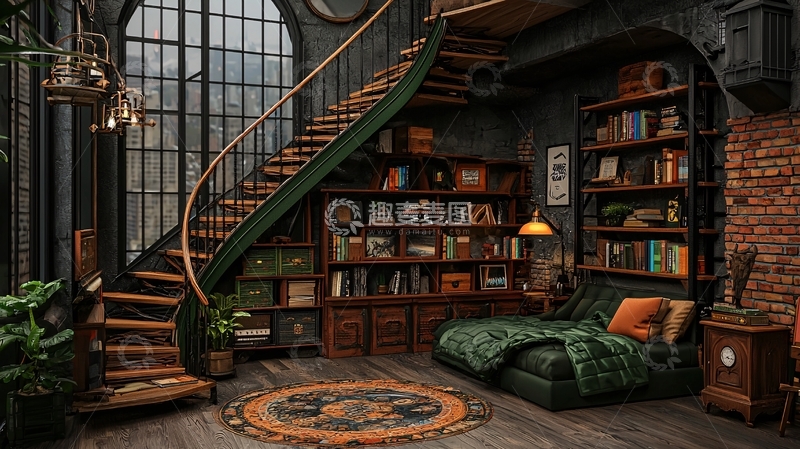 高清大图下载【趣麦麦图】复古风楼梯间带书架