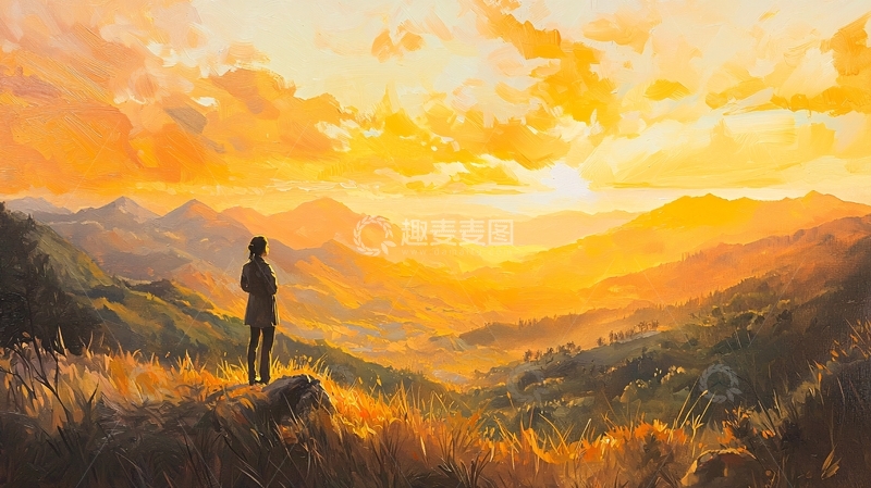 高清大图下载【趣麦麦图】金色山景中眺望远方的人