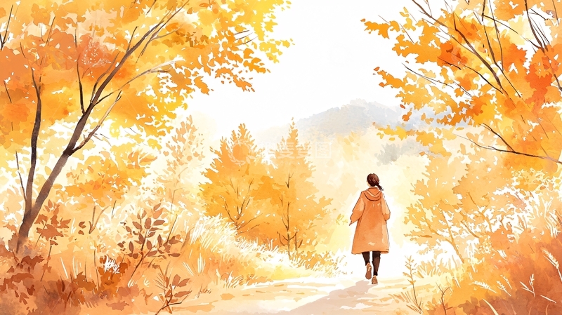 高清大图下载【趣麦麦图】秋日女子漫步金黄树林