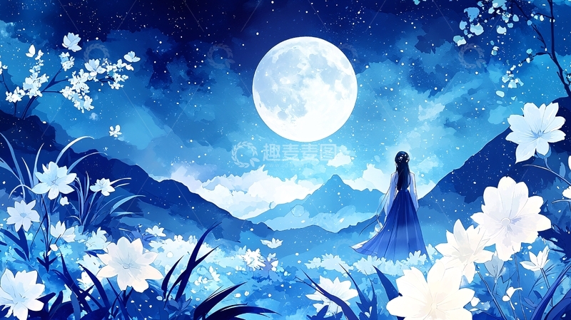 高清大图下载【趣麦麦图】月夜花丛中的孤独少女