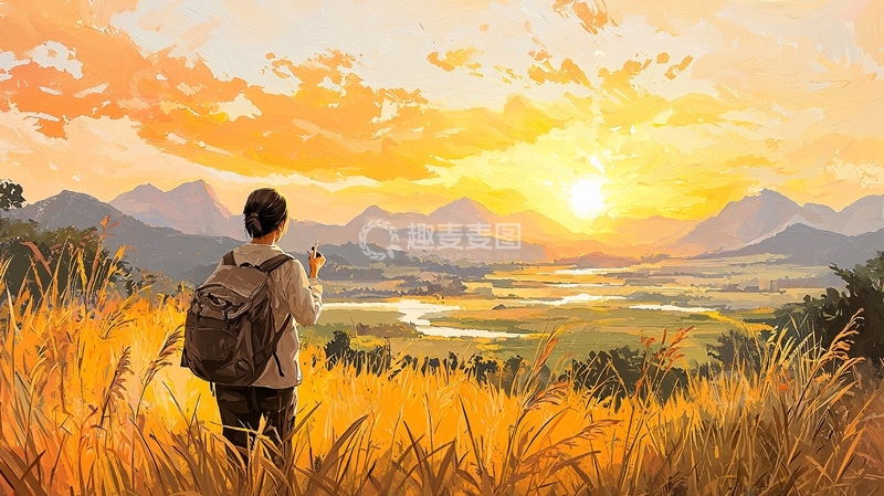 高清大图下载【趣麦麦图】少年背影欣赏日落景色