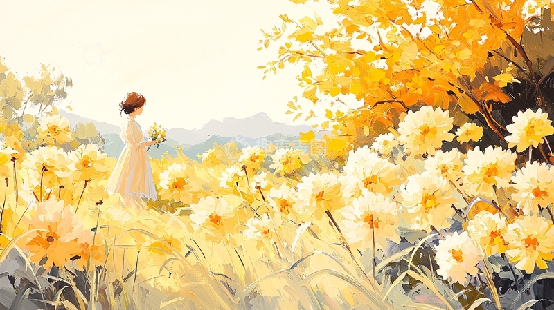 金黄花海中的女子
