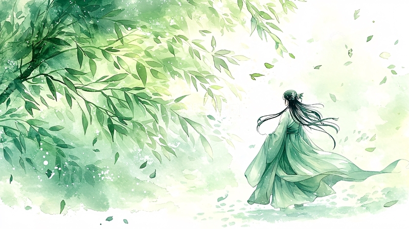 绿衣女子树下唯美意境