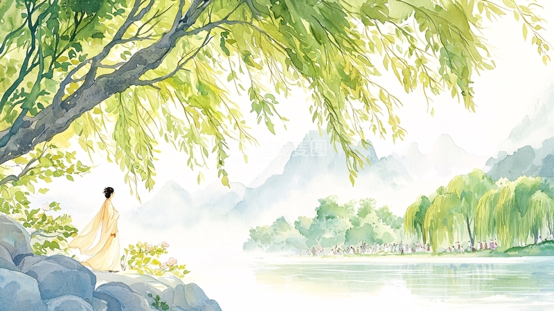 高清大图下载【趣麦麦图】柳树下女子的水墨画意境