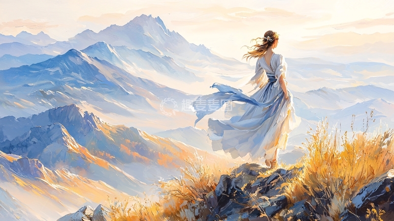 高清大图下载【趣麦麦图】站在山顶的白裙女子
