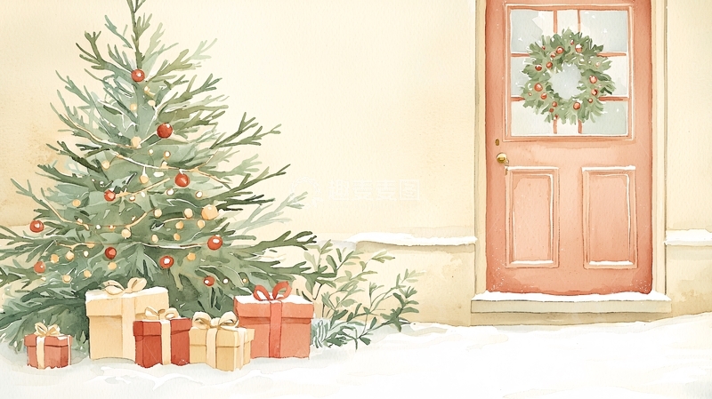 高清大图下载【趣麦麦图】圣诞树与礼物在门口的场景