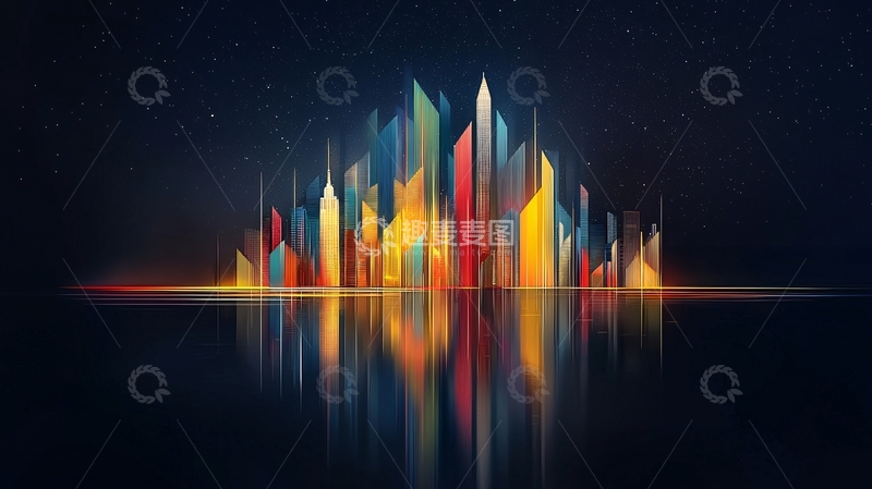 高清大图下载【趣麦麦图】彩色城市剪影倒影