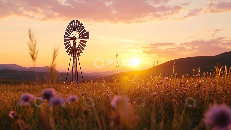 高清大图下载【趣麦麦图】田野风车夕阳风景