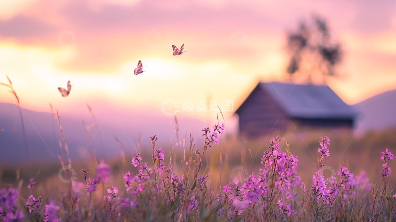 高清大图下载【趣麦麦图】唯美田园小屋紫花