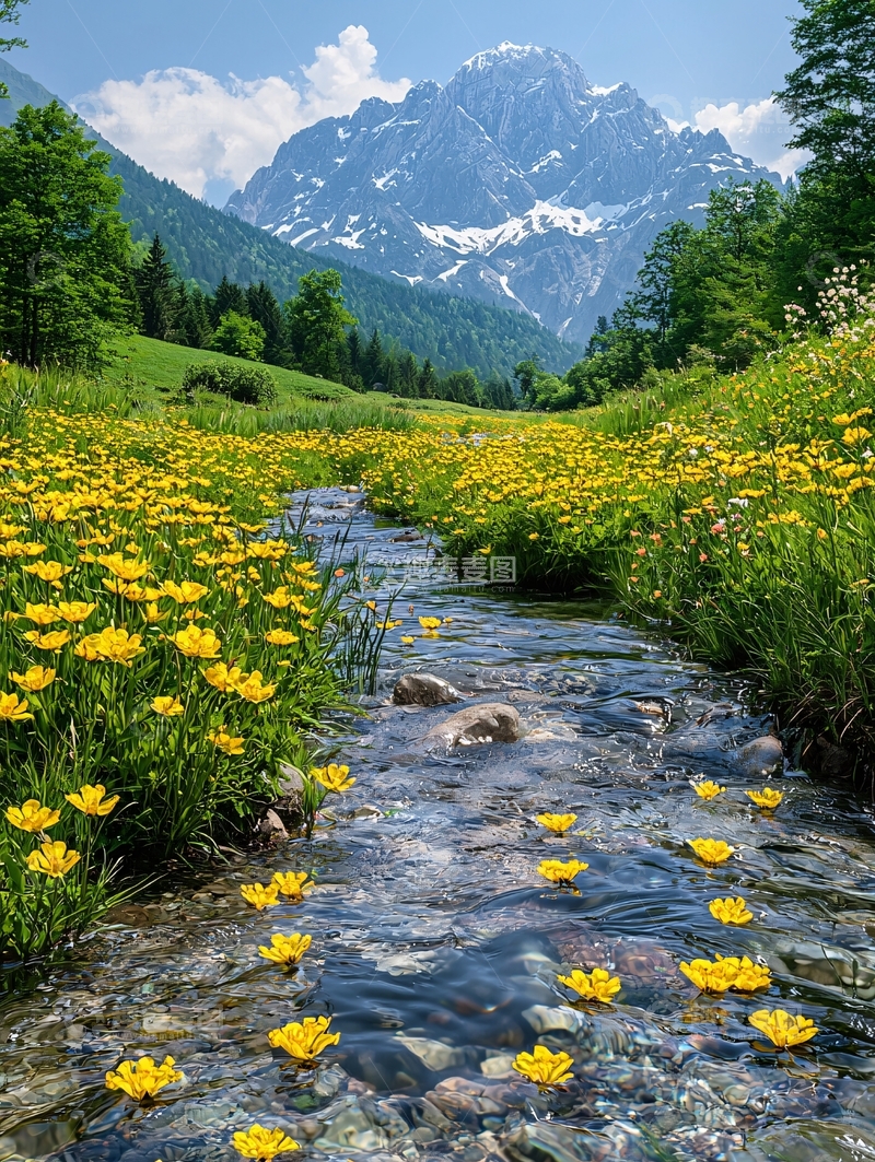 高清大图下载【趣麦麦图】山间小溪鲜花盛开