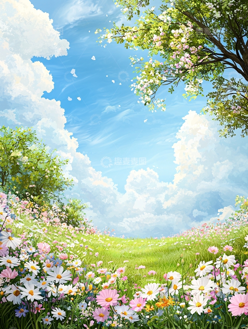 高清大图下载【趣麦麦图】鲜花盛开的草地和蓝天白云