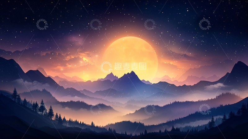 高清大图下载【趣麦麦图】山间月亮高清图片