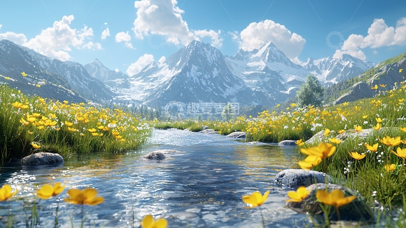 高清大图下载【趣麦麦图】宁静的山间流水花海