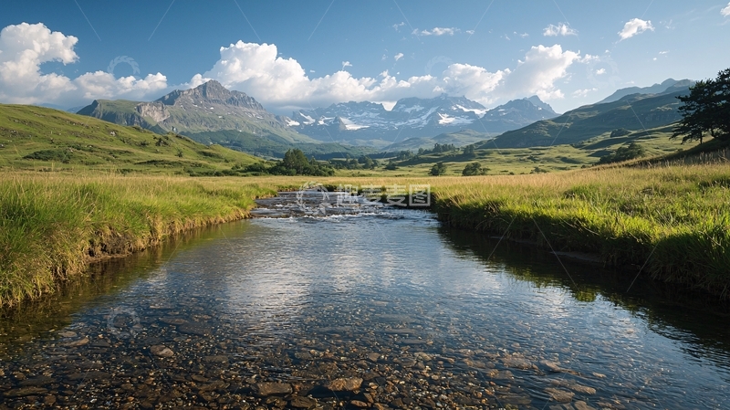 高清大图下载【趣麦麦图】清澈河流山脉草地蓝天白云