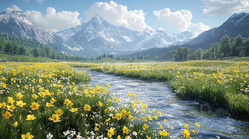 高清大图下载【趣麦麦图】山间溪流与鲜花盛开的草地