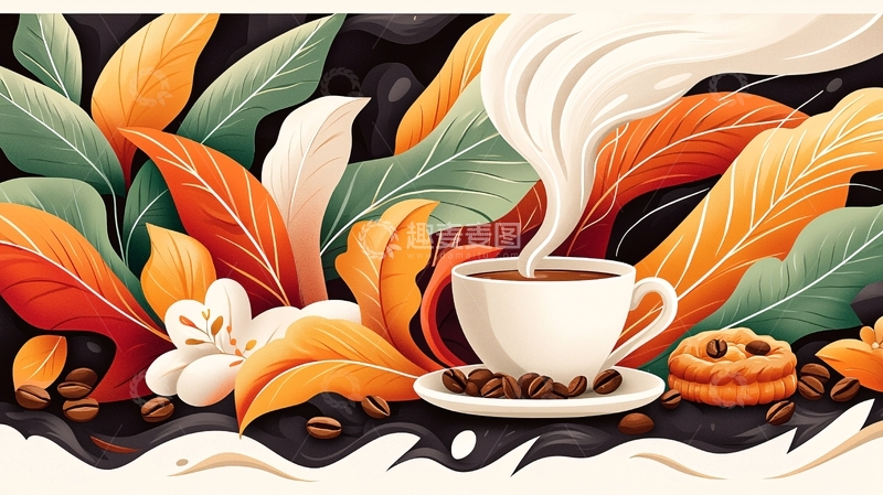 高清大图下载【趣麦麦图】热饮咖啡与秋叶背景