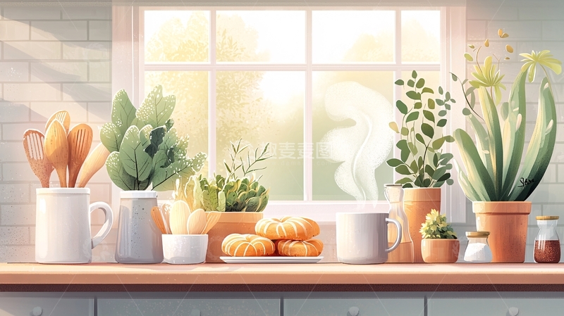 高清大图下载【趣麦麦图】厨房窗台上的植物