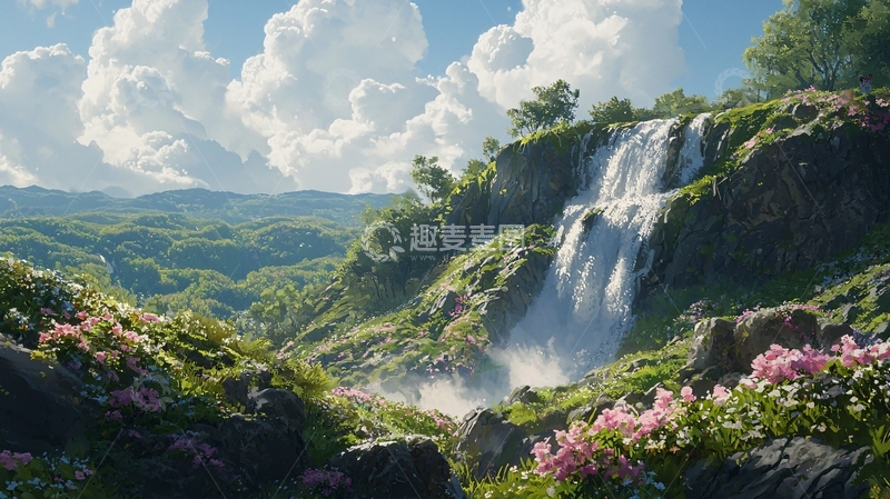 高清大图下载【趣麦麦图】美丽风景瀑布小山坡