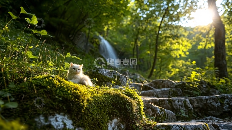 高清大图下载【趣麦麦图】猫在森林台阶上沐浴阳光