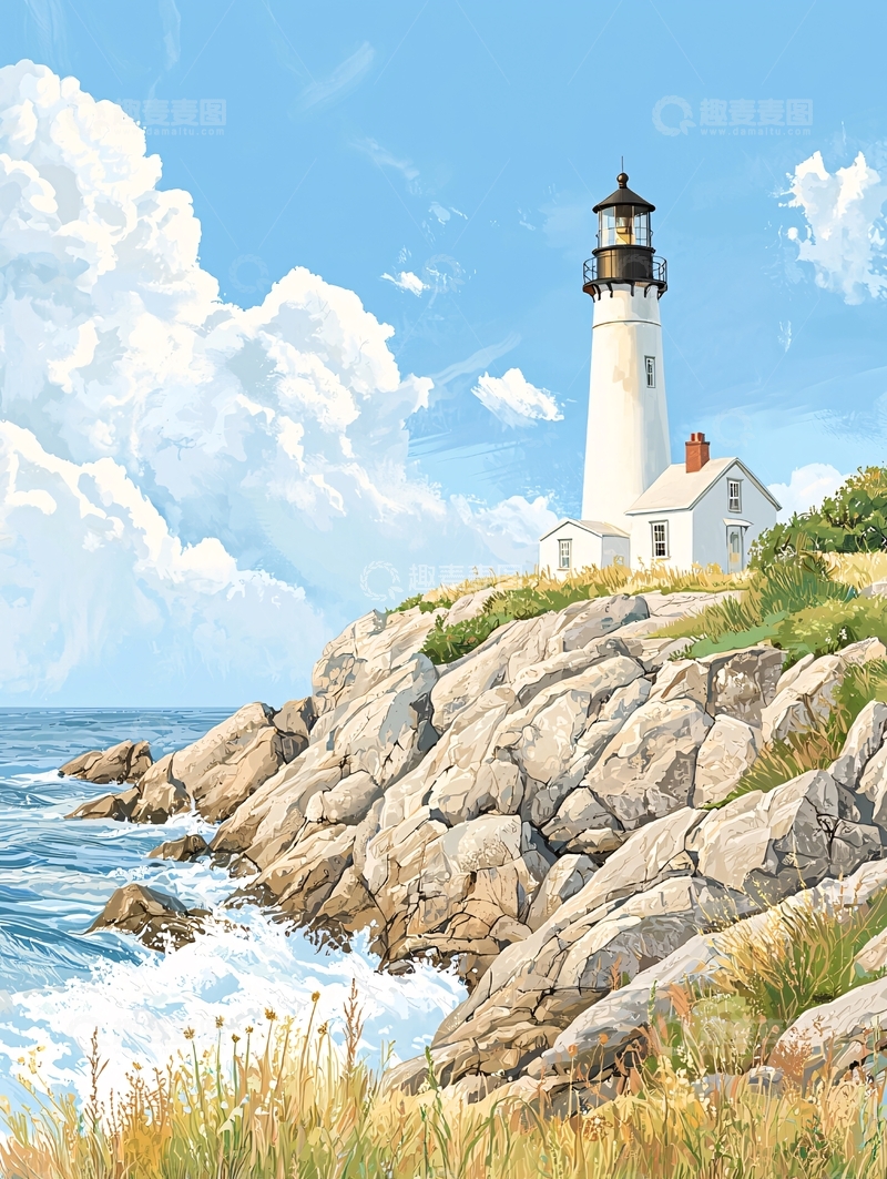 高清大图下载【趣麦麦图】灯塔伫立于海边岩石上