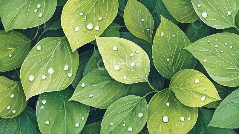 高清大图下载【趣麦麦图】绿叶上的水珠清新淡雅
