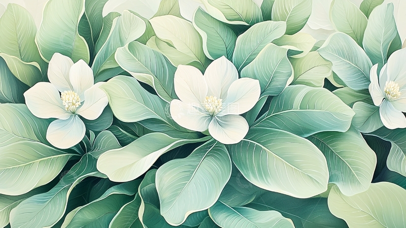 高清大图下载【趣麦麦图】白色花朵与绿色叶片水彩画