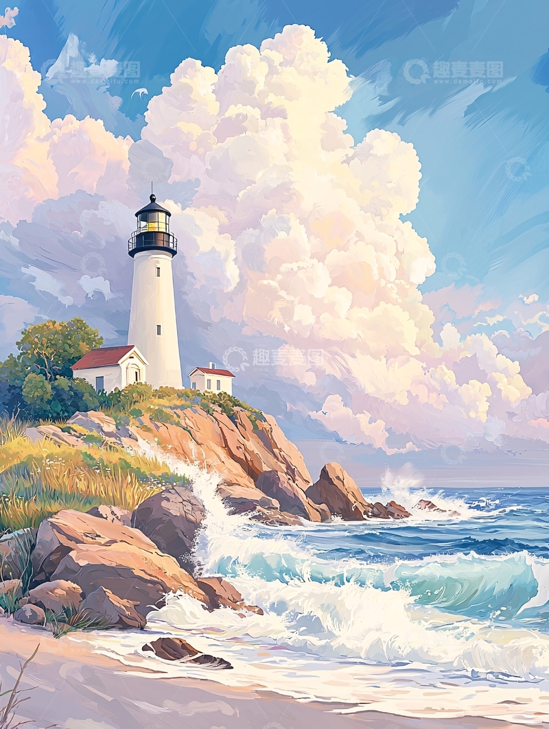 高清大图下载【趣麦麦图】海岸边的灯塔和云朵
