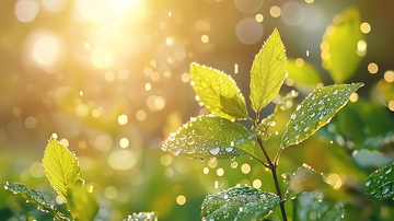 嫩绿叶片上的阳光水滴