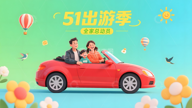 51出游季家庭欢乐出行旅游插画海报