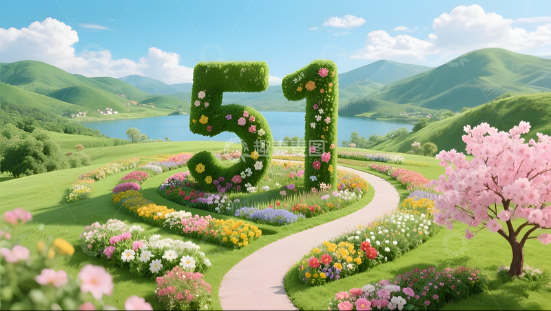 51五一出游季花园景观旅游插画海报