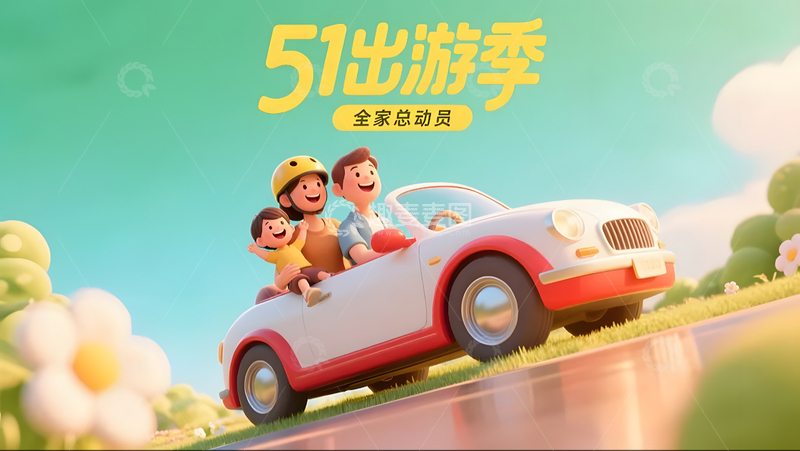 51出游季快乐亲子自驾游旅游插画海报