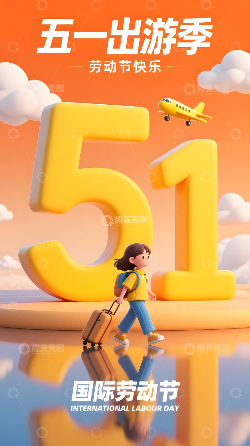 五一出游季女孩旅游数字51节日插画图