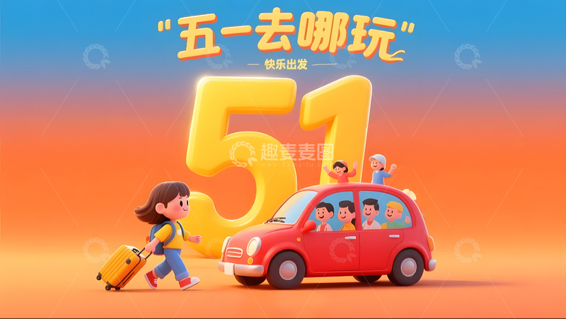 51出游季快乐假期家庭旅行插画