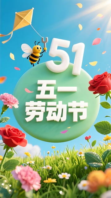 五一劳动节蜂飞花海创意节日插画设计