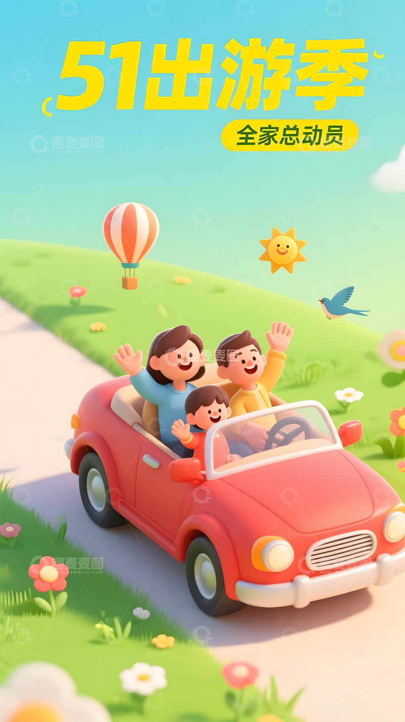 51出游季家庭自驾旅游卡通插画