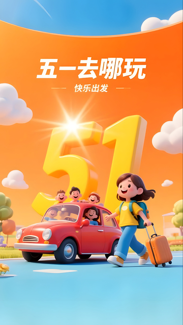 五一去哪里玩家庭亲子旅行卡通插画宣传图