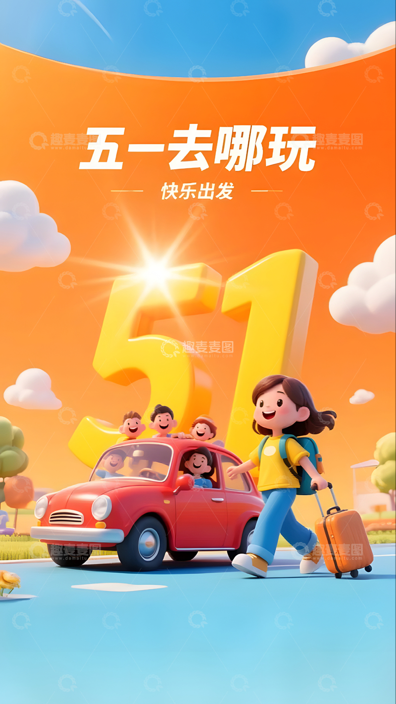 五一去哪里玩家庭亲子旅行卡通插画宣传图