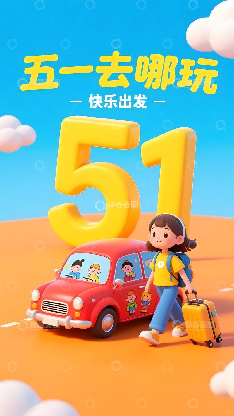 五一去哪里玩卡通人物驾车旅行插画宣传图