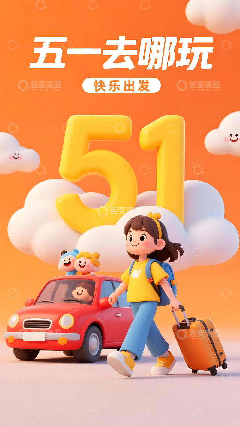五一去哪里玩亲子旅行插画宣传图