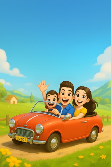 五一家庭自驾游乡村道路温馨旅行插画