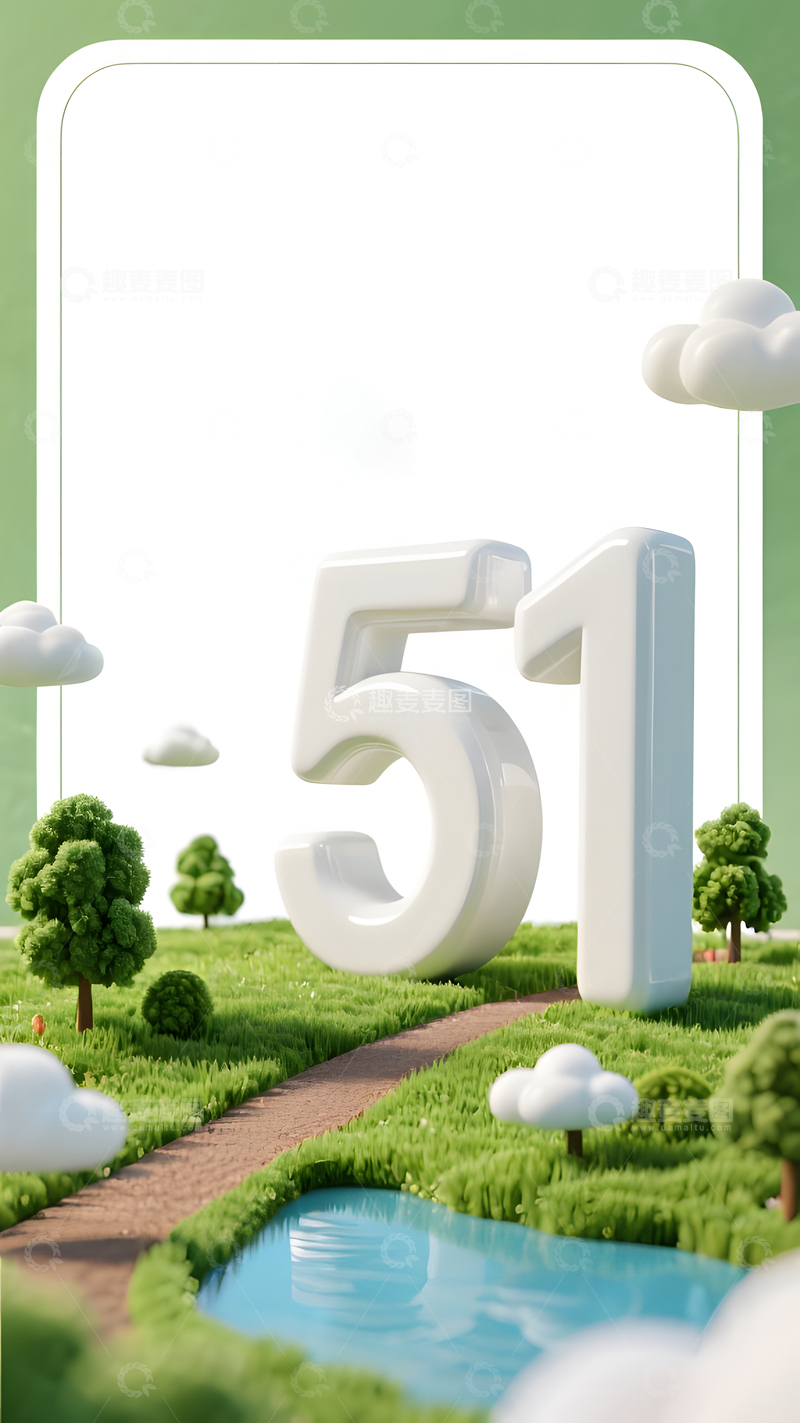 五一自然出行草地绿意数字51立体插画