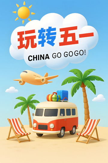 五一出游沙滩度假房车插画海报设计