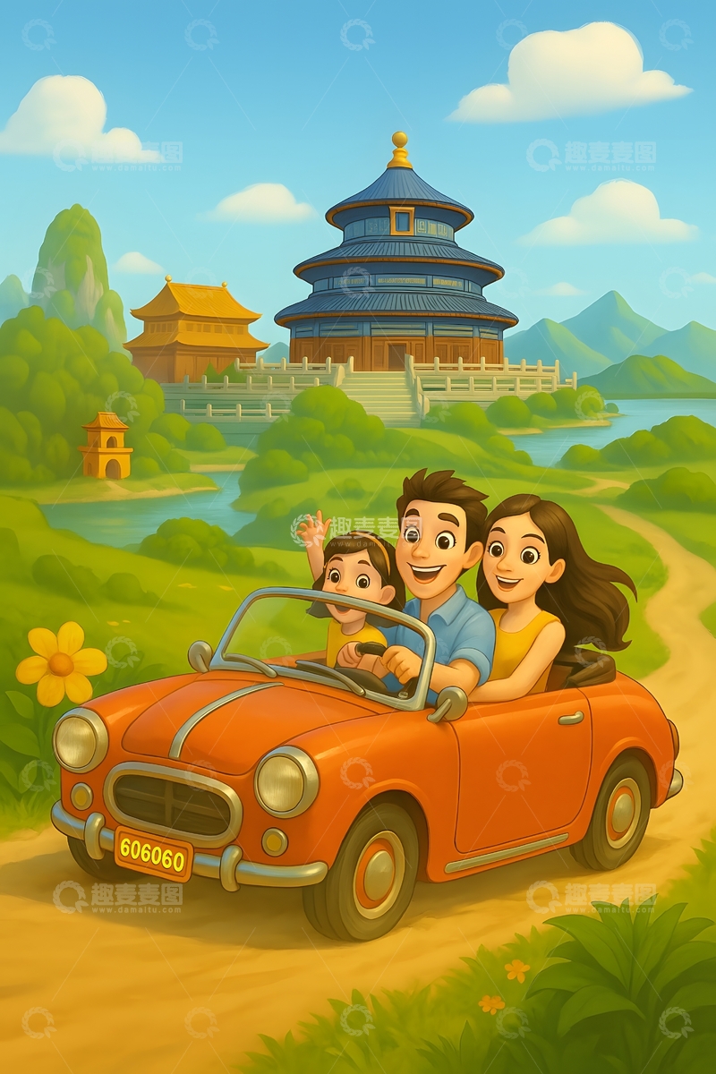 五一家庭自驾游天坛中国文化旅行插画